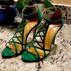 Worn for an event very gently Charlotte Olympia green suede heels.